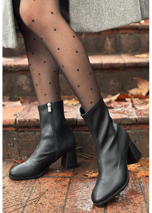 Kayte Siyah Cilt Streç Topuklu Bot