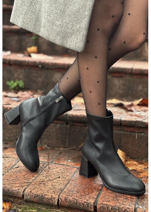 Kayte Siyah Cilt Streç Topuklu Bot