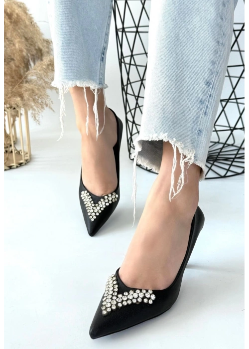 Mekta Siyah Cilt Topuklu Ayakkabı