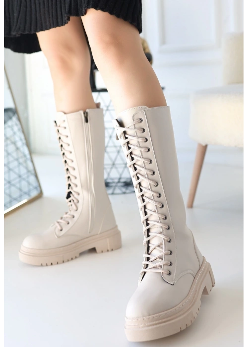 Mennd Bej Cilt Bağcıklı Çizme