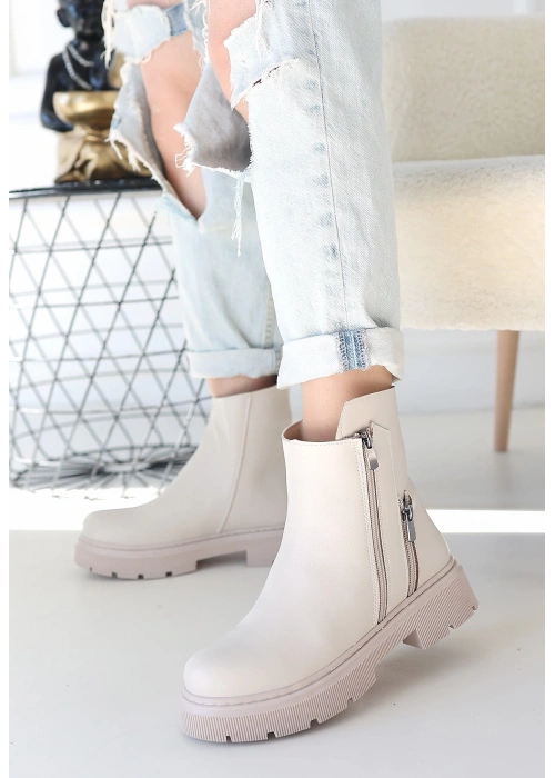 Menta Bej Cilt Fermuar Aksesuarlı Bot