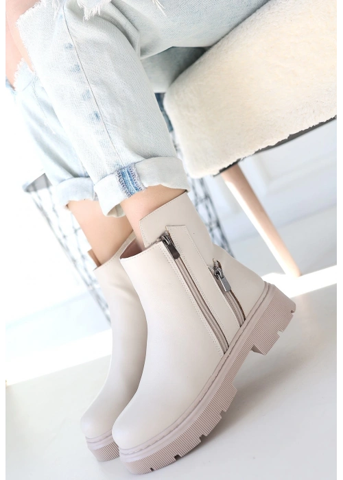 Menta Bej Cilt Fermuar Aksesuarlı Bot