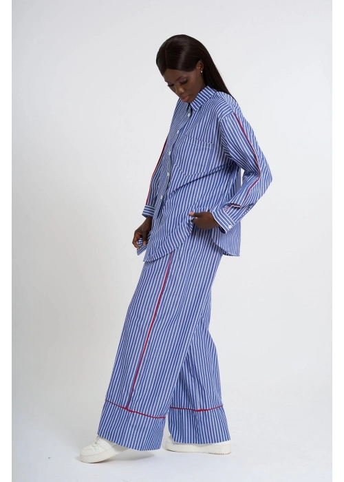 Navy Blue Striped Co-Ord with White Piping