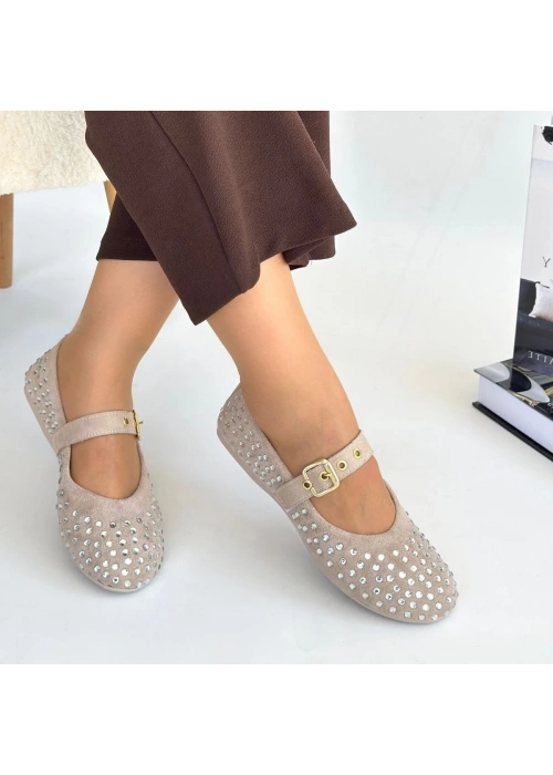 Olise Bej Boncuk İşlemeli Babet Ayakkabı