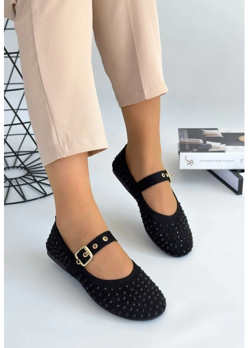 Olise Siyah Boncuk İşlemeli Babet Ayakkabı