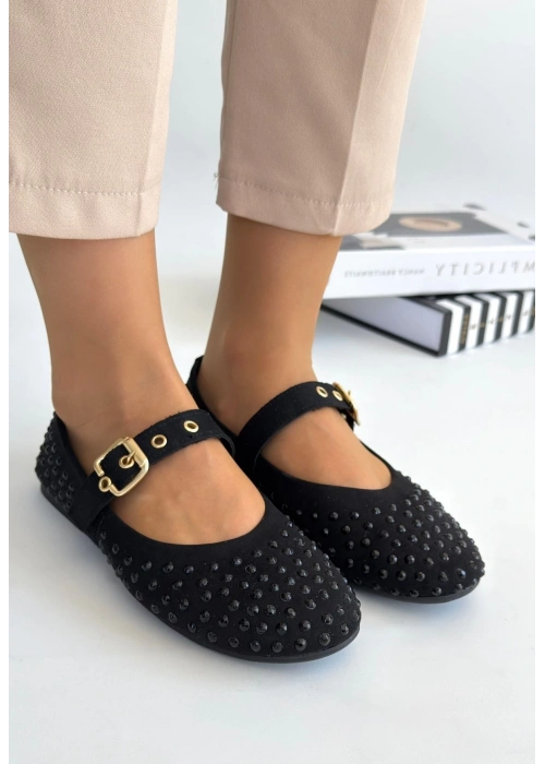 Olise Siyah Boncuk İşlemeli Babet Ayakkabı