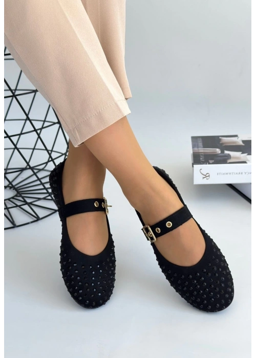 Olise Siyah Boncuk İşlemeli Babet Ayakkabı