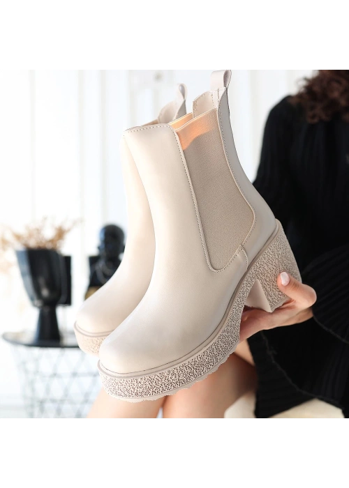 Paigo Bej Cilt Topuklu Bot