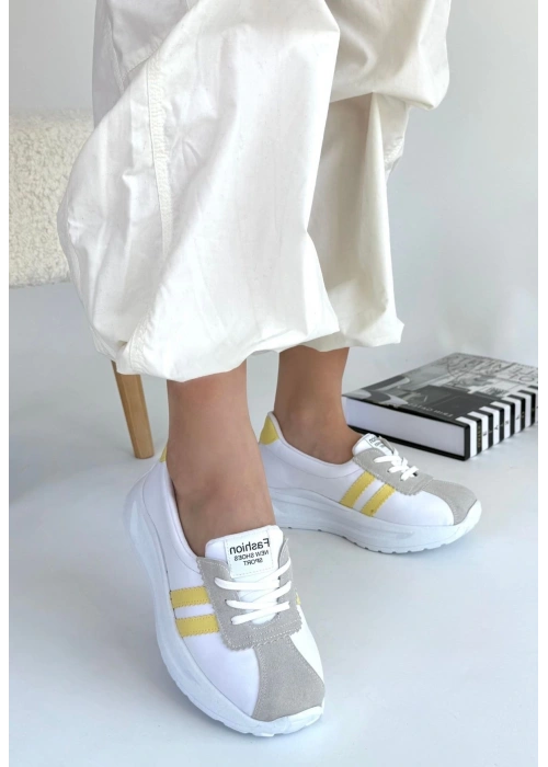 Shat Beyaz Cilt Sarı Şeritli Spor Ayakkabı