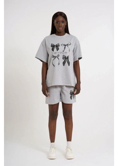 Small Size Bow Print Oversize Shorts Set | Gray