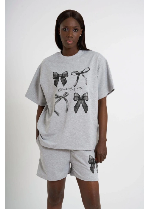Small Size Bow Print Oversize Shorts Set | Gray