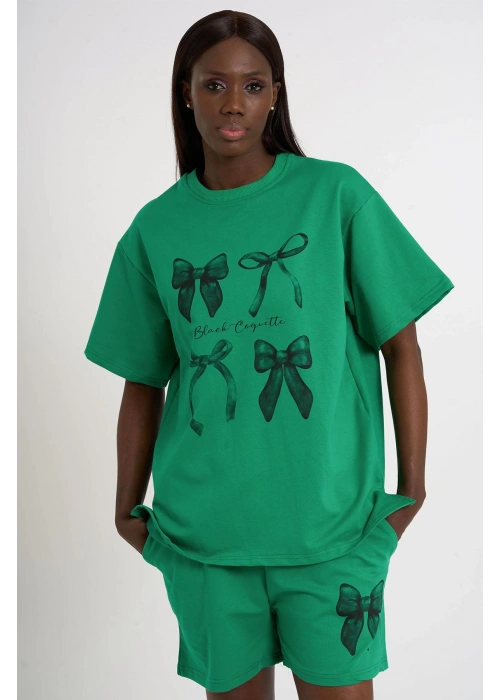 Small Size Bow Print Oversize Shorts Set | Green