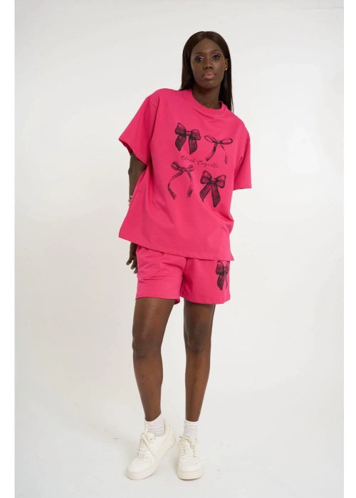 Small Size Bow Print Oversize Shorts Set | Pink