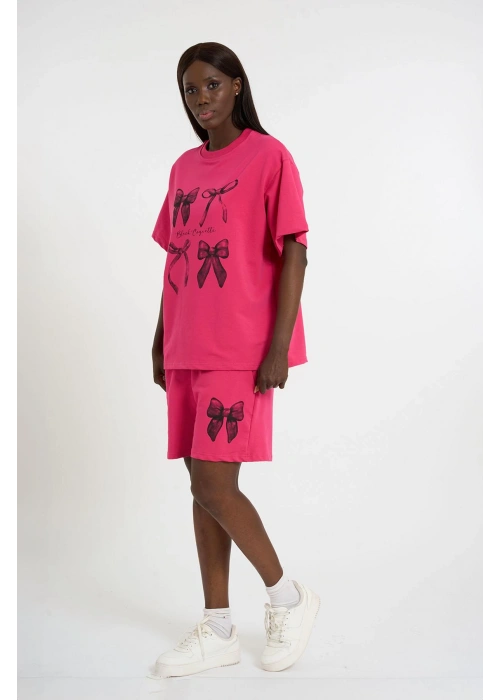 Small Size Bow Print Oversize Shorts Set | Pink