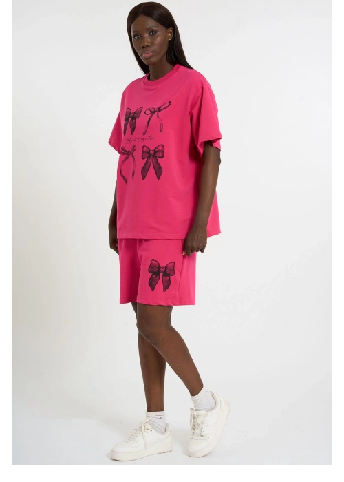 Small Size Bow Print Oversize Shorts Set | Pink