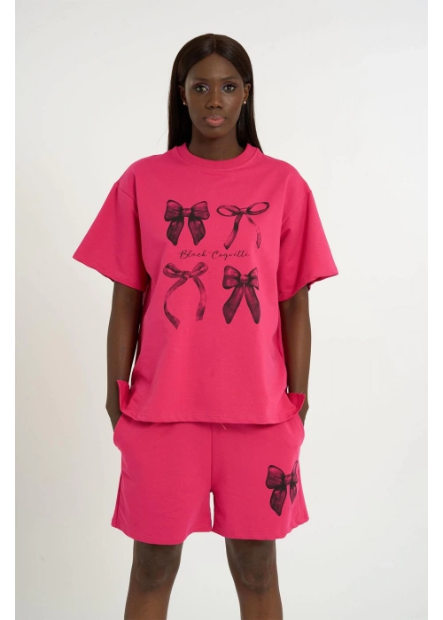 Small Size Bow Print Oversize Shorts Set | Pink