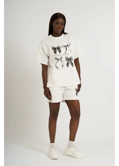 Small Size Bow Print Oversize Shorts Set | White