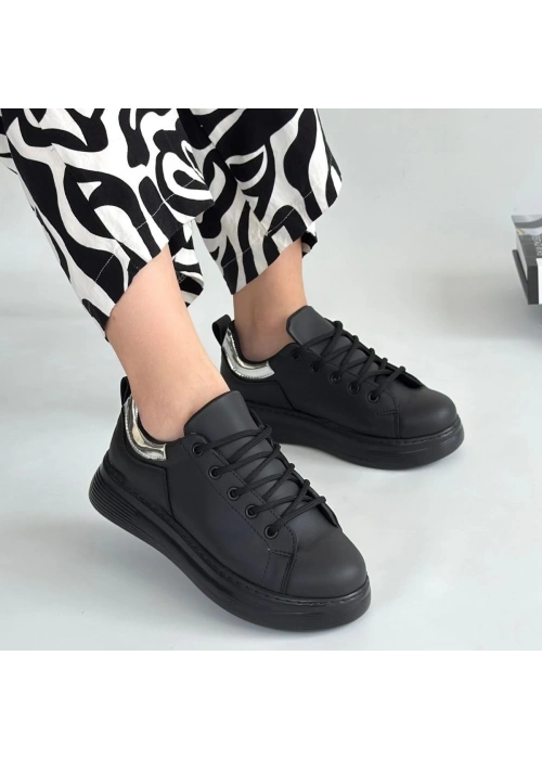 Sofio Siyah Cilt Bağcıklı Spor Ayakkabı