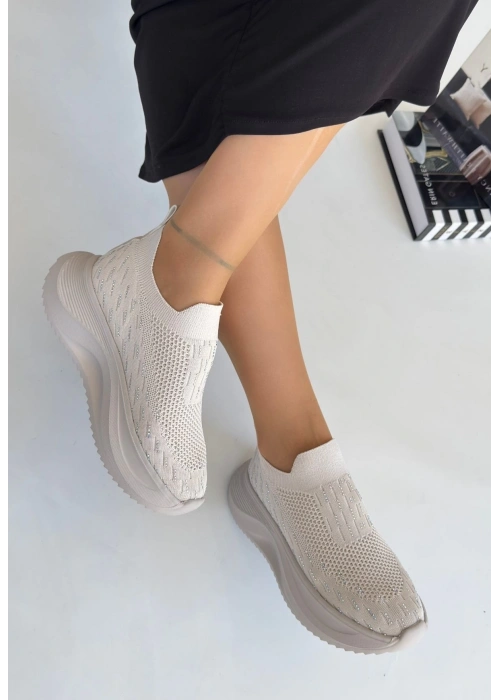 Soord Bej Triko Boncuk İşlemeli Spor Ayakkabı