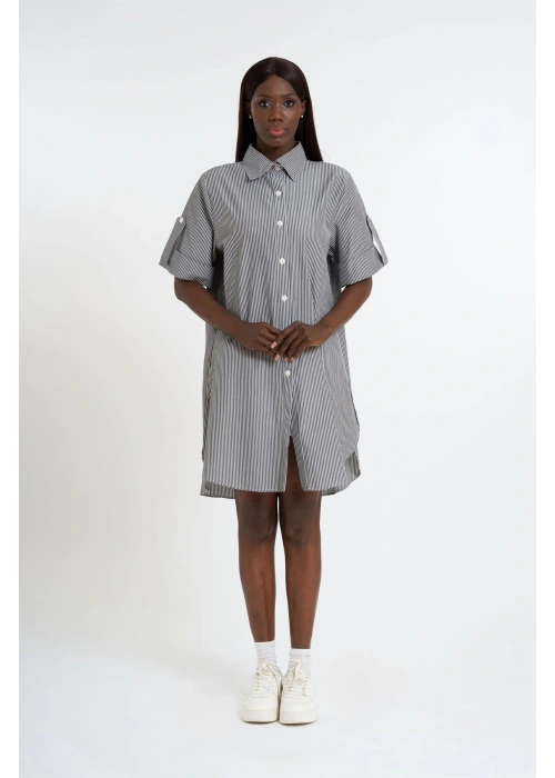 Striped Short Sleeve Long Shirt | Gray