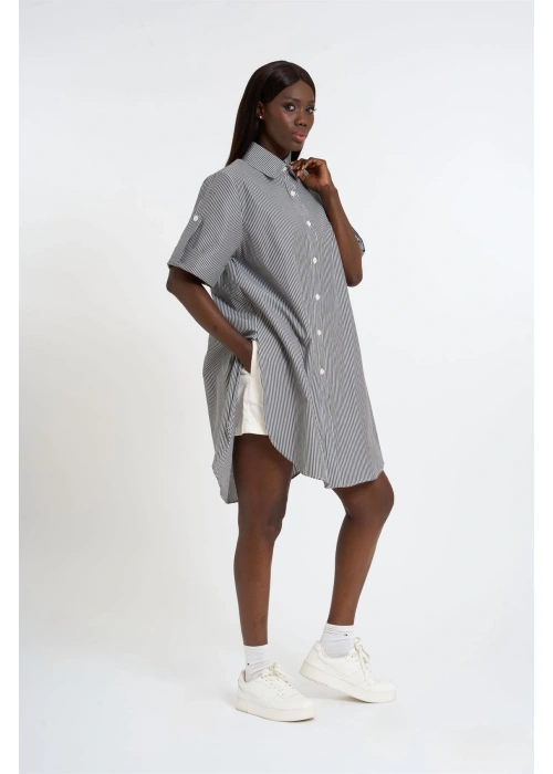 Striped Short Sleeve Long Shirt | Gray