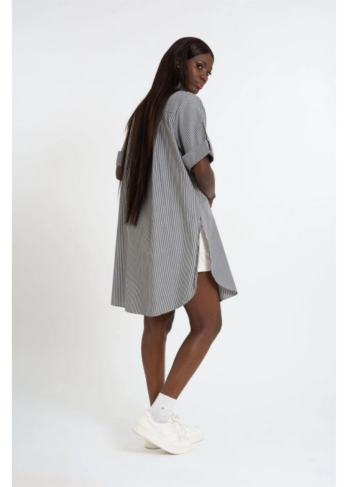 Striped Short Sleeve Long Shirt | Gray