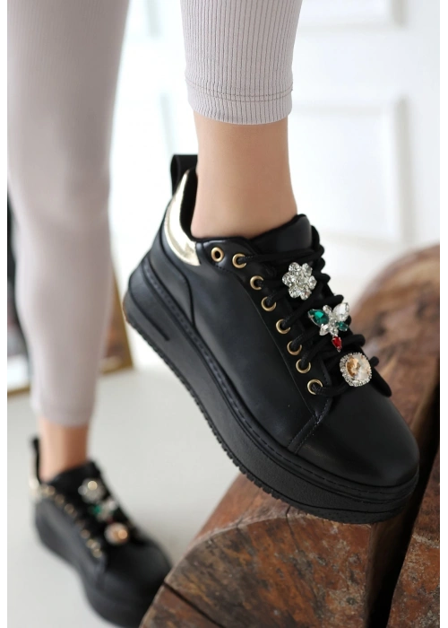 Tenya Siyah Cilt Taşlı Bağcıklı Spor Ayakkabı