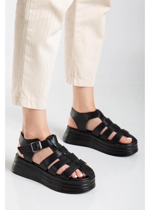 Toten Siyah Cilt Kemerli Sandalet