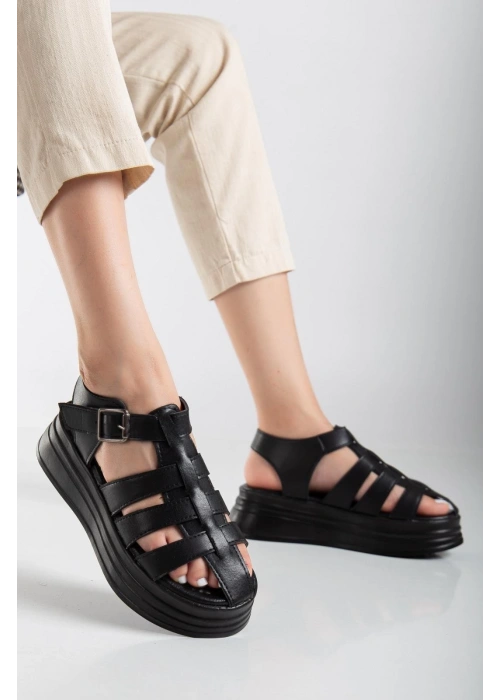 Toten Siyah Cilt Kemerli Sandalet