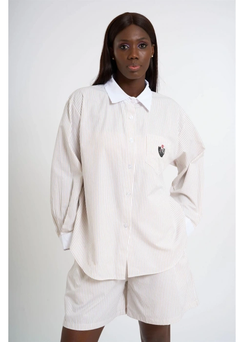 Womens Striped Shorts Set with Embroidery Detail | Cream