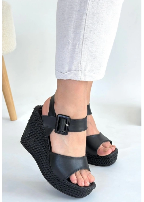 Wowo Siyah Cilt Dolgu Topuk Sandalet