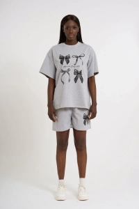 Bow Print Oversize Shorts Set | Gray