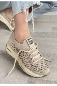 Cilla Bej Triko Boncuk İşlemeli Spor Ayakkabı