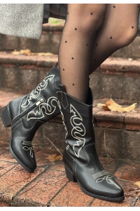 Emaly Siyah Cilt Beyaz İşlemeli Topuklu Çizme