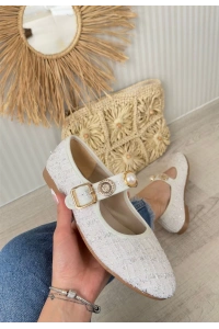 Hante Beyaz Keten Taşlı Babet Ayakkabı