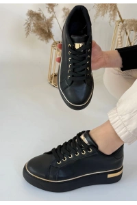 Kity Siyah Cilt Bağcıklı Spor Ayakkabı