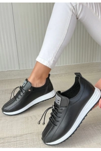 Monya Siyah Cilt Bağcıklı Spor Ayakkabı