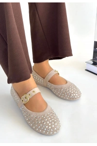Olise Bej Boncuk İşlemeli Babet Ayakkabı