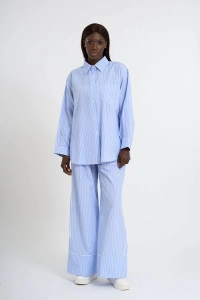 Sky Blue Striped Co-Ord with White Piping