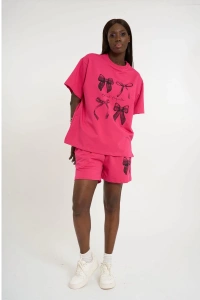 Small Size Bow Print Oversize Shorts Set | Pink
