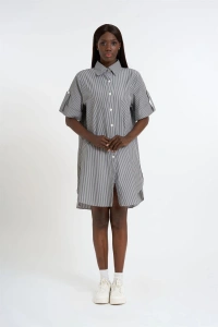 Striped Short Sleeve Long Shirt | Gray