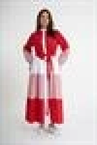 Üç renkli orta çizgili elbise RED