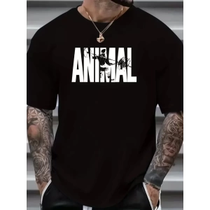 ANIMAL Desen Baskı Erkek Oversive Tişört, Grafik Tişört Erkek Yazlık Outdoor Kıyafetleri, Sporda ve Günlük Giyime Uygun  - Siyah