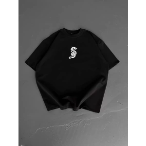 Baskılı Oversize Bisiklet Yaka T-shirt - Siyah