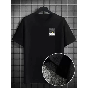 Erkek Dağ Grafikli Tişört, Yaz için Büyük Beden Rahat T-shirt - Siyah