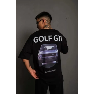 Erkek Sırt Golf Baskılı Oversize T-shirt - Siyah
