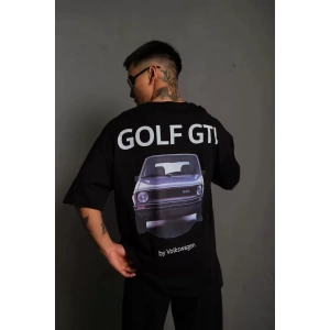 Erkek Sırt Golf Baskılı Oversize T-shirt - Siyah