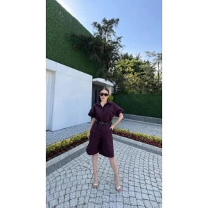 Kadın Yakalı Gömlek Kemerli Şortlu Takım - Bordo