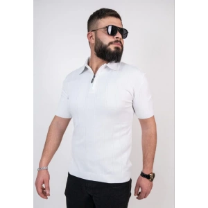 Triko Dokuma Yarım Fermuarlı Yakalı T-shirt - Beyaz