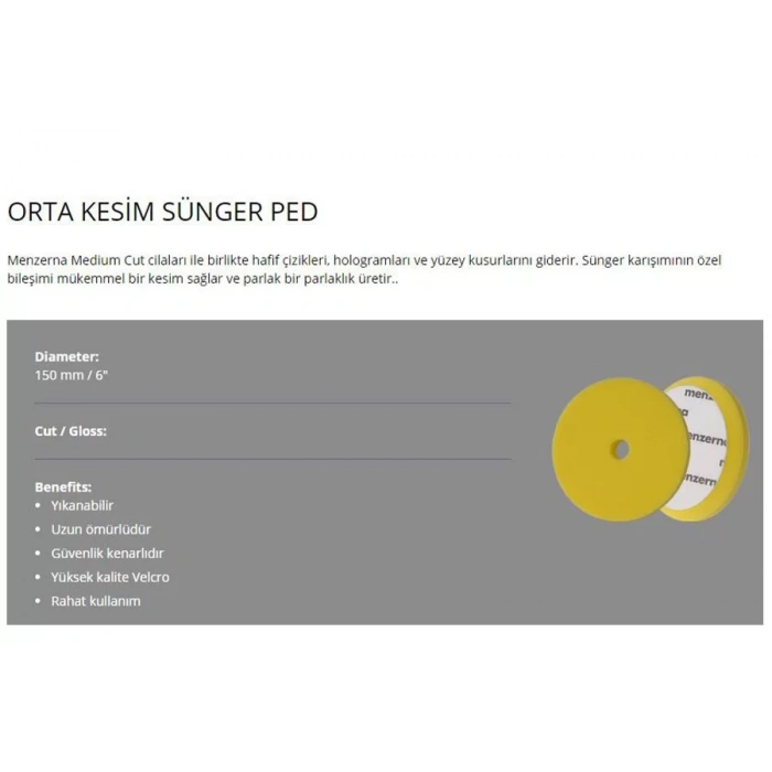 Menzerna Premium Medium Cut Foam Pad Sarı Pasta Süngeri 150mm